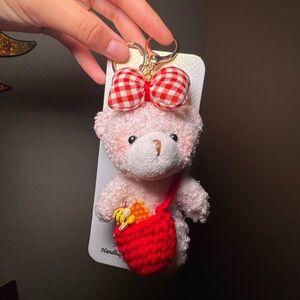 Adorable Pink Teddy Bear Keychain with Red Bow Honeycomb Bee